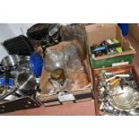 FIVE BOXES OF KITCHENWARE, to include assorted cutlery and utensils, drinking glasses, oven trays,