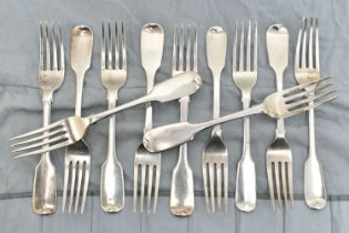 A MATCHED SET OF ELEVEN GEORGE IV TO VICTORIAN SILVER FIDDLE PATTERN TABLE FORKS, including a set of