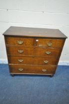 A 19TH CENTURY OAK CHEST OF TWO SHORT OVER THREE LONG DRAWERS, on bun feet, width 110cm x depth 49cm