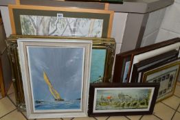 A SELECTION OF PAINTINGS AND PRINTS ETC, to include a Richard Lamb oil on board depicting a yacht