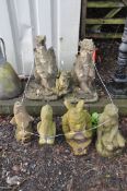 A COLLECTION OF MODERN COMPOSITE GARDEN FIGURES including two damaged dragons 66cm high, two other
