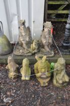 A COLLECTION OF MODERN COMPOSITE GARDEN FIGURES including two damaged dragons 66cm high, two other