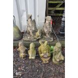 A COLLECTION OF MODERN COMPOSITE GARDEN FIGURES including two damaged dragons 66cm high, two other