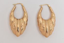 A PAIR OF 9CT GOLD HOOP EARRINGS, each designed as a hollow graduated scalloped hoop with embossed
