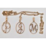 THREE 9CT GOLD INITIAL PENDANTS AND TWO CHAINS, three oval, open work initial pendants, initials '