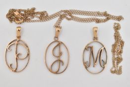 THREE 9CT GOLD INITIAL PENDANTS AND TWO CHAINS, three oval, open work initial pendants, initials '