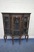 AN EDWARDIAN MAHOGANY AND INLAID BREAKFRONT DISPLAY CABINET, with three astragal glazed doors and