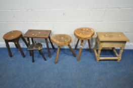 TWO LIVE EDGE STOOLS, with three legs, a stripped storage stool, along with three other stools (