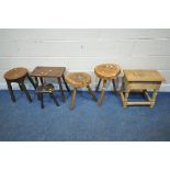 TWO LIVE EDGE STOOLS, with three legs, a stripped storage stool, along with three other stools (