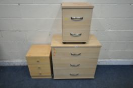 A MODERN CHEST OF THREE DRAWERS, width 77cm x depth 42cm x height 78cm, a matching two drawer