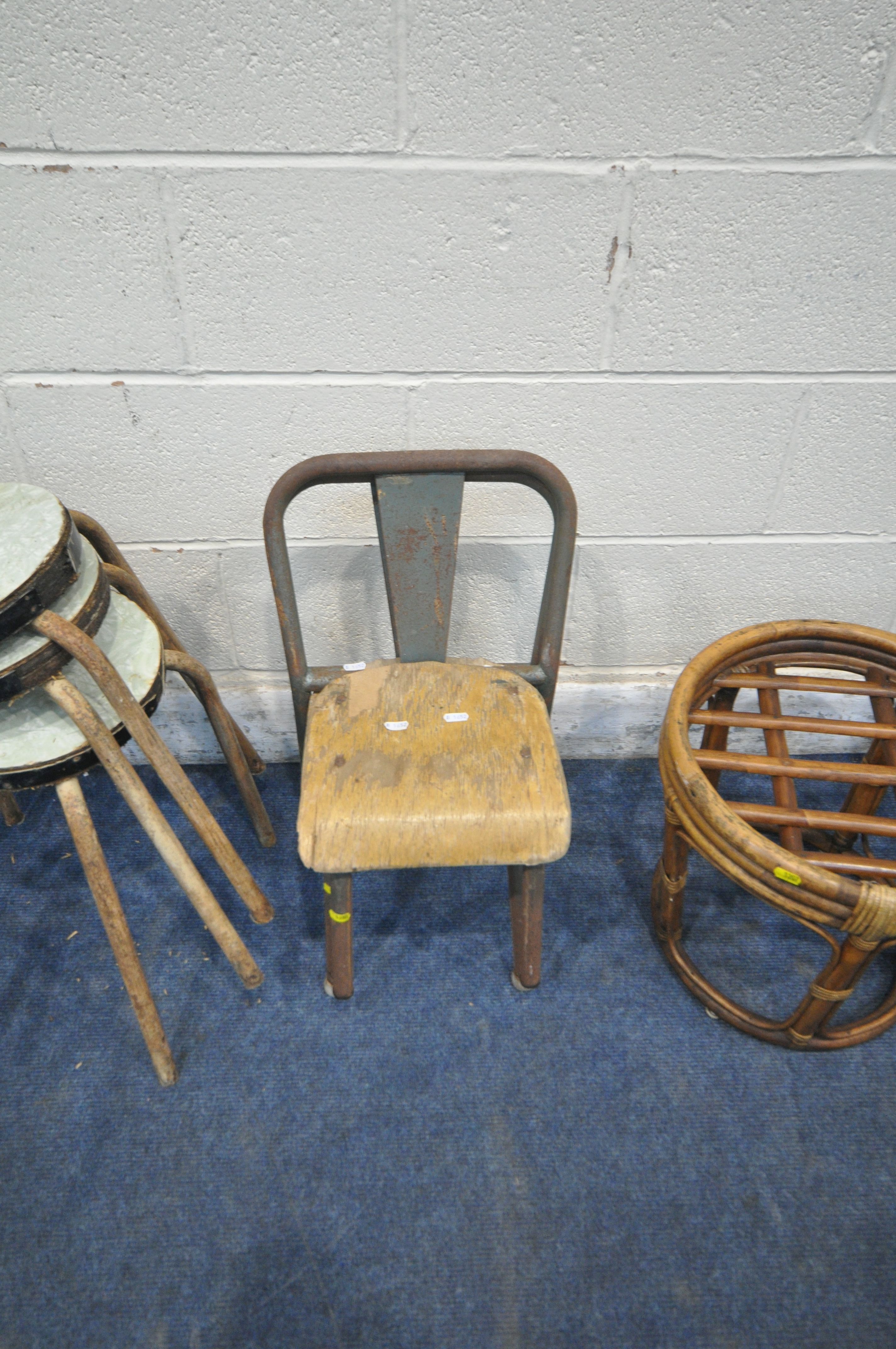 A PAIR OF 20TH CENTURY CHILDS HIGH CHAIRS, with metal frame, a set of three stools, two industrial - Image 4 of 5