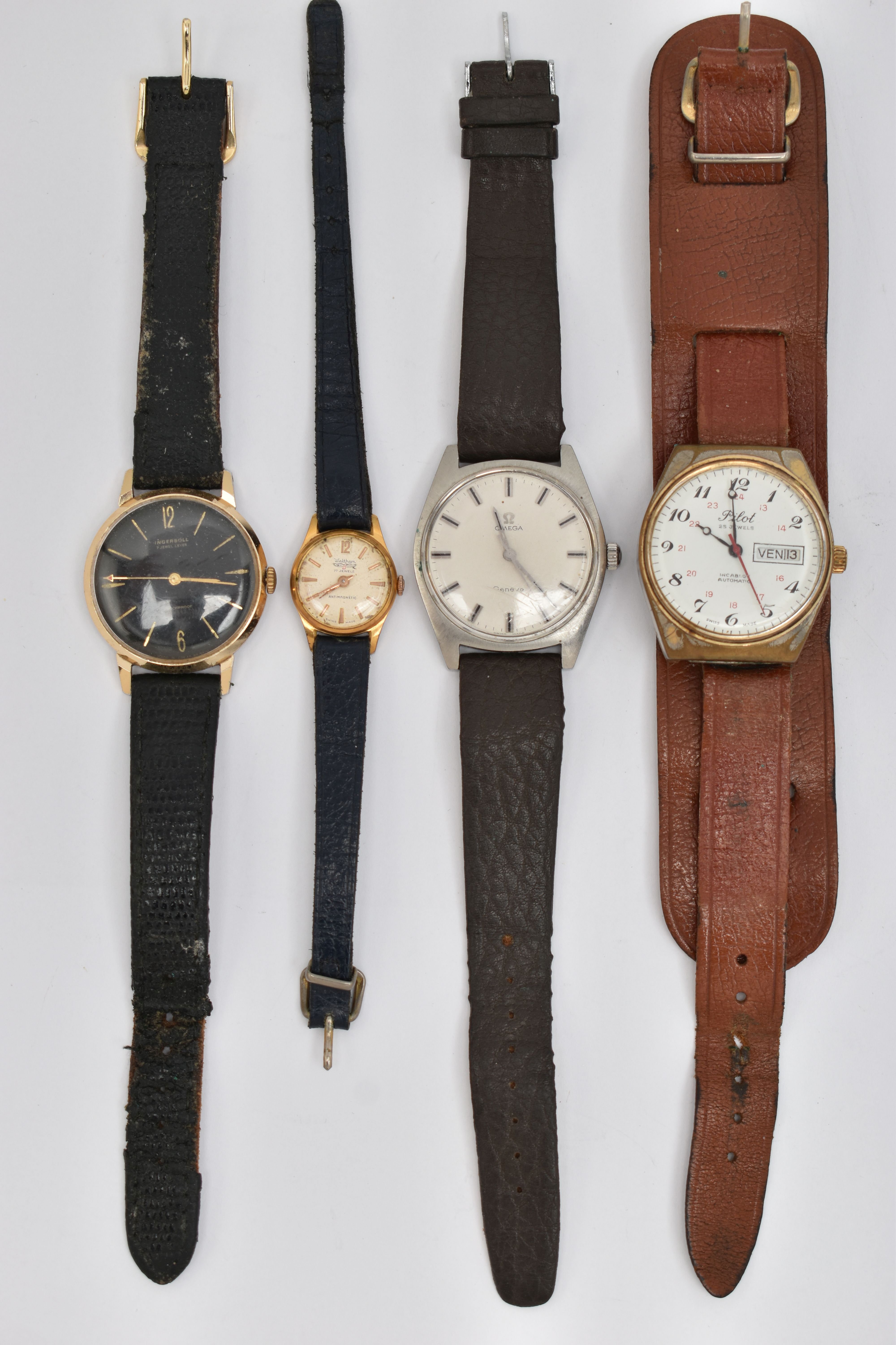 AN ASSORTMENT OF WRISTWATCHES, to include a hand wound 'Omega' Geneve, round dial, baton markers,