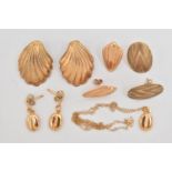 FOUR PAIRS OF EARRINGS AND A PENDANT NECKLACE, to include a pair of shell shape yellow metal