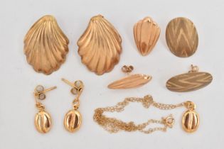 FOUR PAIRS OF EARRINGS AND A PENDANT NECKLACE, to include a pair of shell shape yellow metal