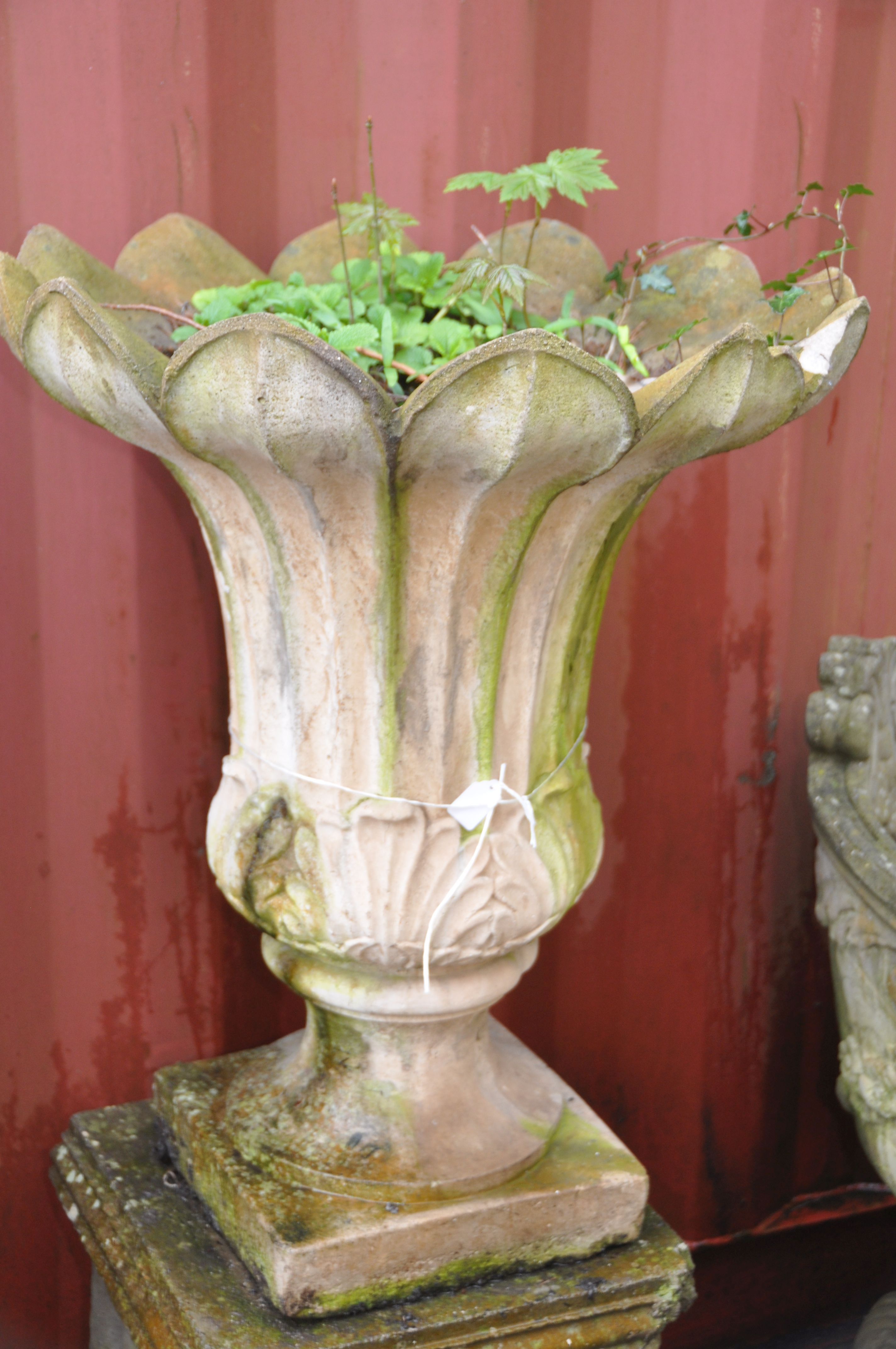 A WEATHERED COMPOSITE GARDEN URN ON STAND with a flower head shape and Acanthus leaf detailing on - Image 2 of 3