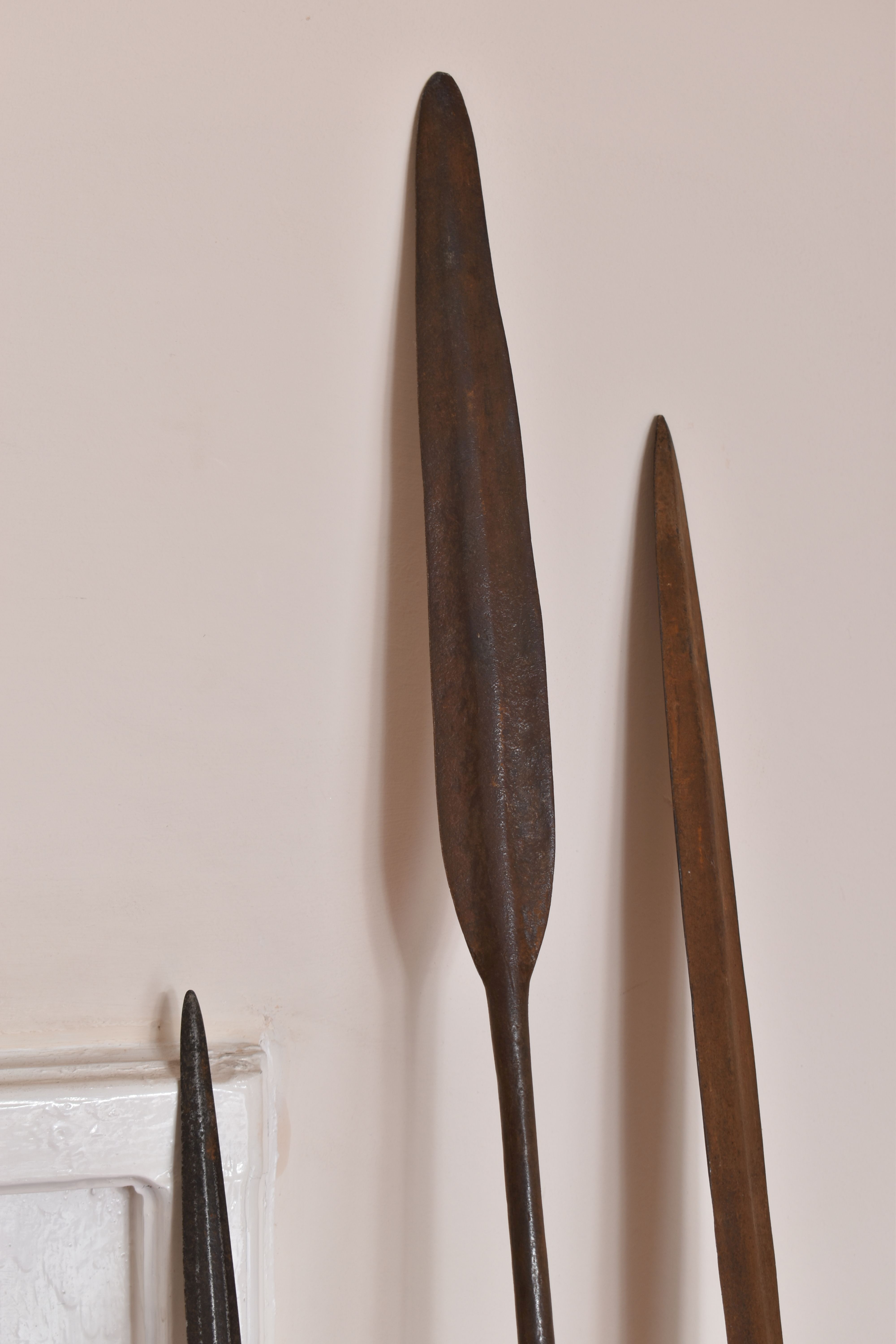 THREE TRIBAL HUNTING SPEARS, the first features a wooden shaft and a grooved arrow shaped steel tip, - Image 3 of 9