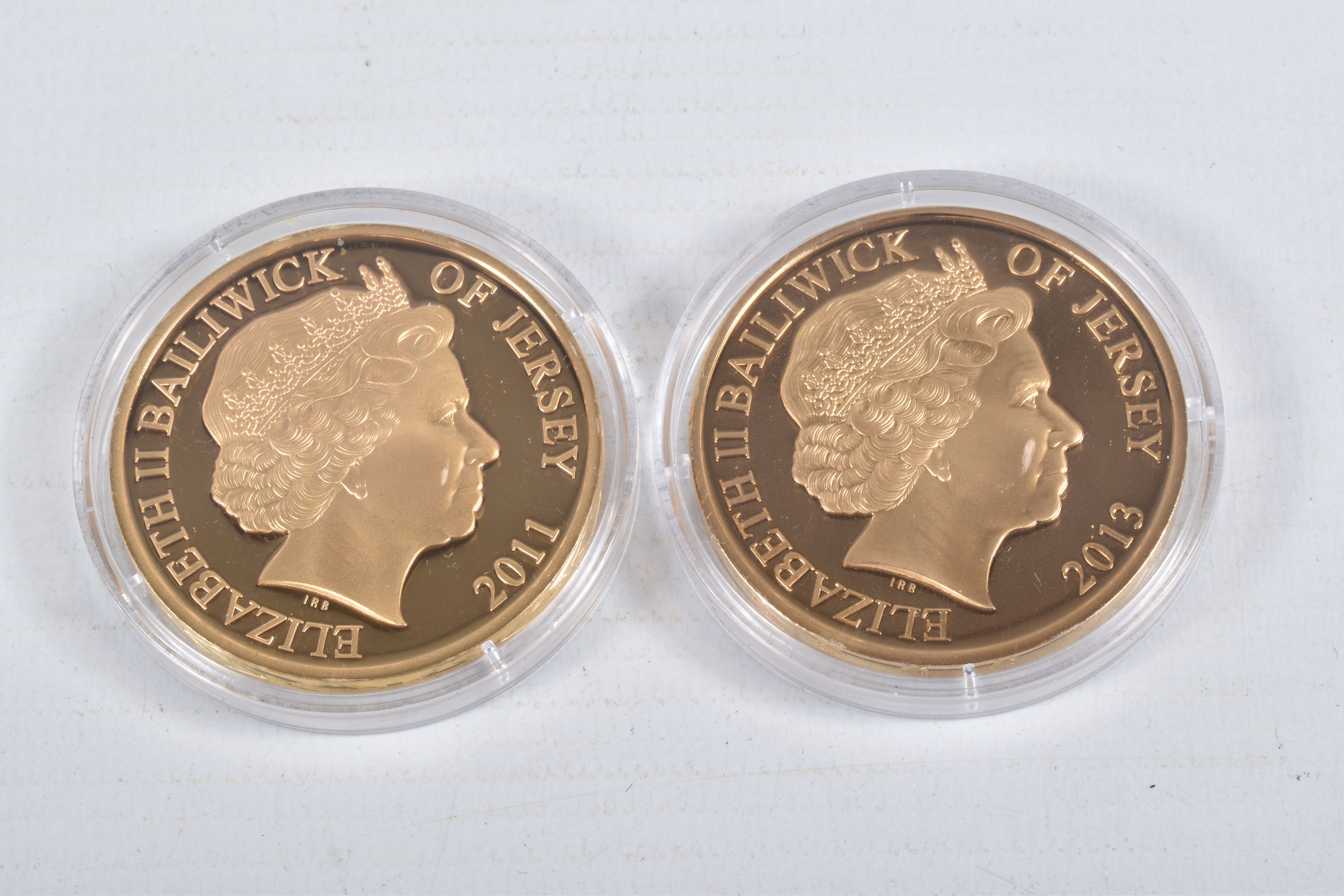 A PACKET CONTAINING SIX QUEEN ELIZABETH II 2011-13 GOLD LAYERED AND PICTORIAL COINS, Jersey, - Image 7 of 7