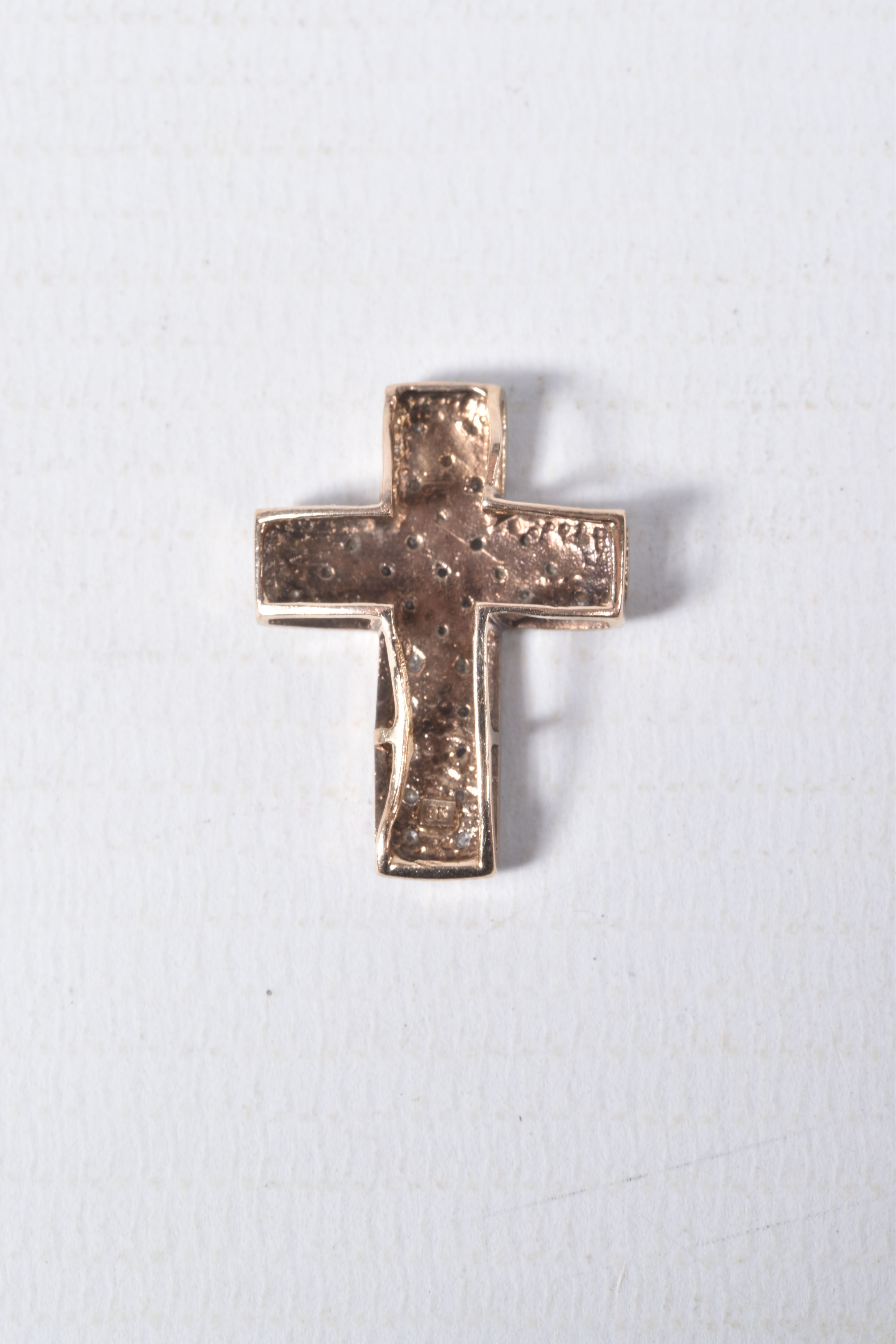 THREE ITEMS OF JEWELLERY, to include a yellow metal diamond pave set cross pendant, stamped 9k, ( - Image 9 of 13