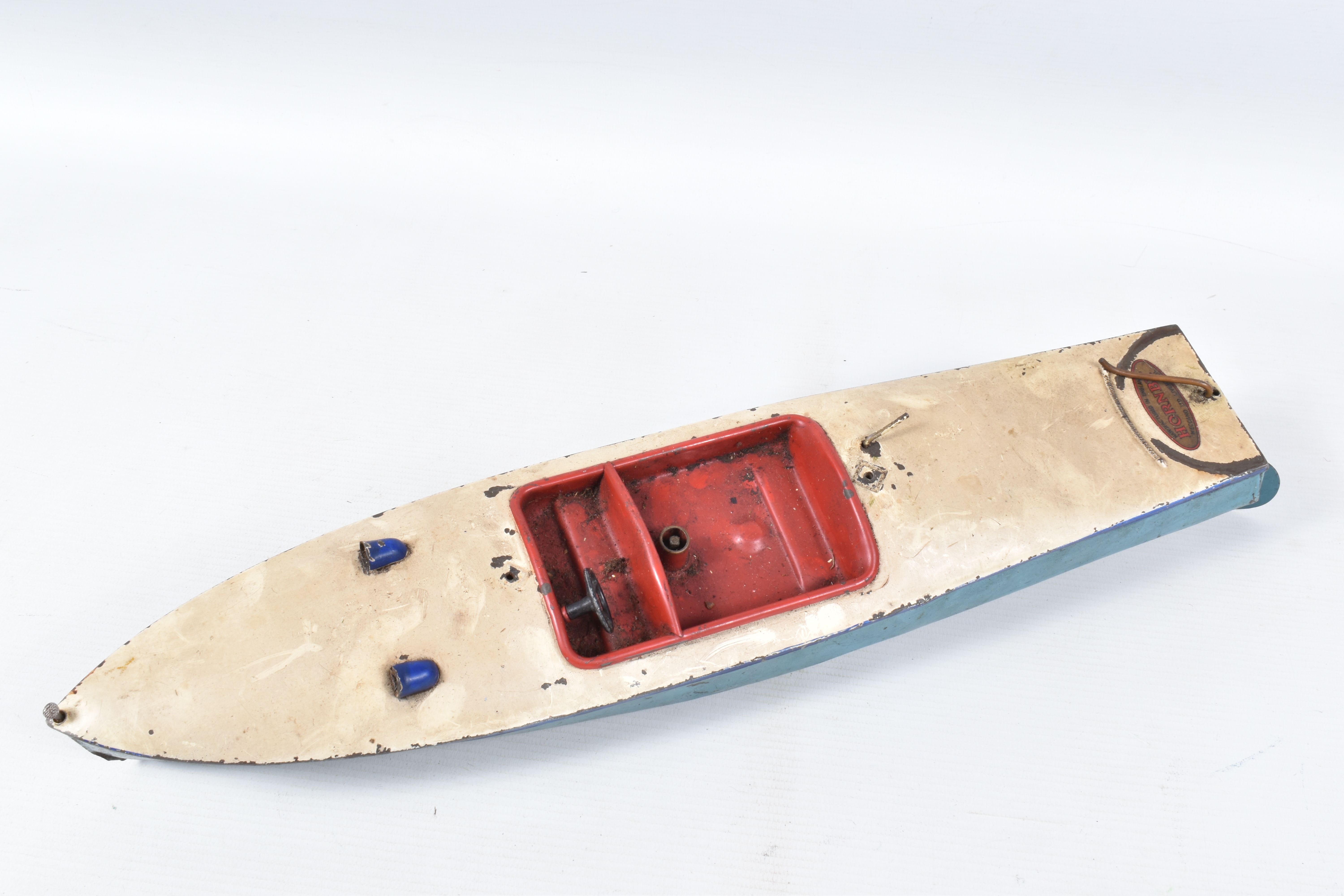 A HORNBY TINPLATE CLOCKWORK SPEED BOAT 'Venture', No.4, not tested, no key, blue hull with white - Image 2 of 9