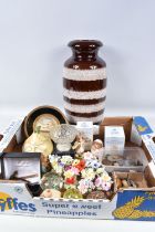 A BOX AND LOOSE OF CERAMICS, COINS, GLASSWARE, ETC, including two boxed Royal Albert Beatrix