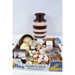 A BOX AND LOOSE OF CERAMICS, COINS, GLASSWARE, ETC, including two boxed Royal Albert Beatrix