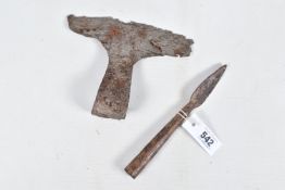 TWO ANCIENT WEAPONS, to include an axe head and a Celtic spearhead, the axe head is believed to be