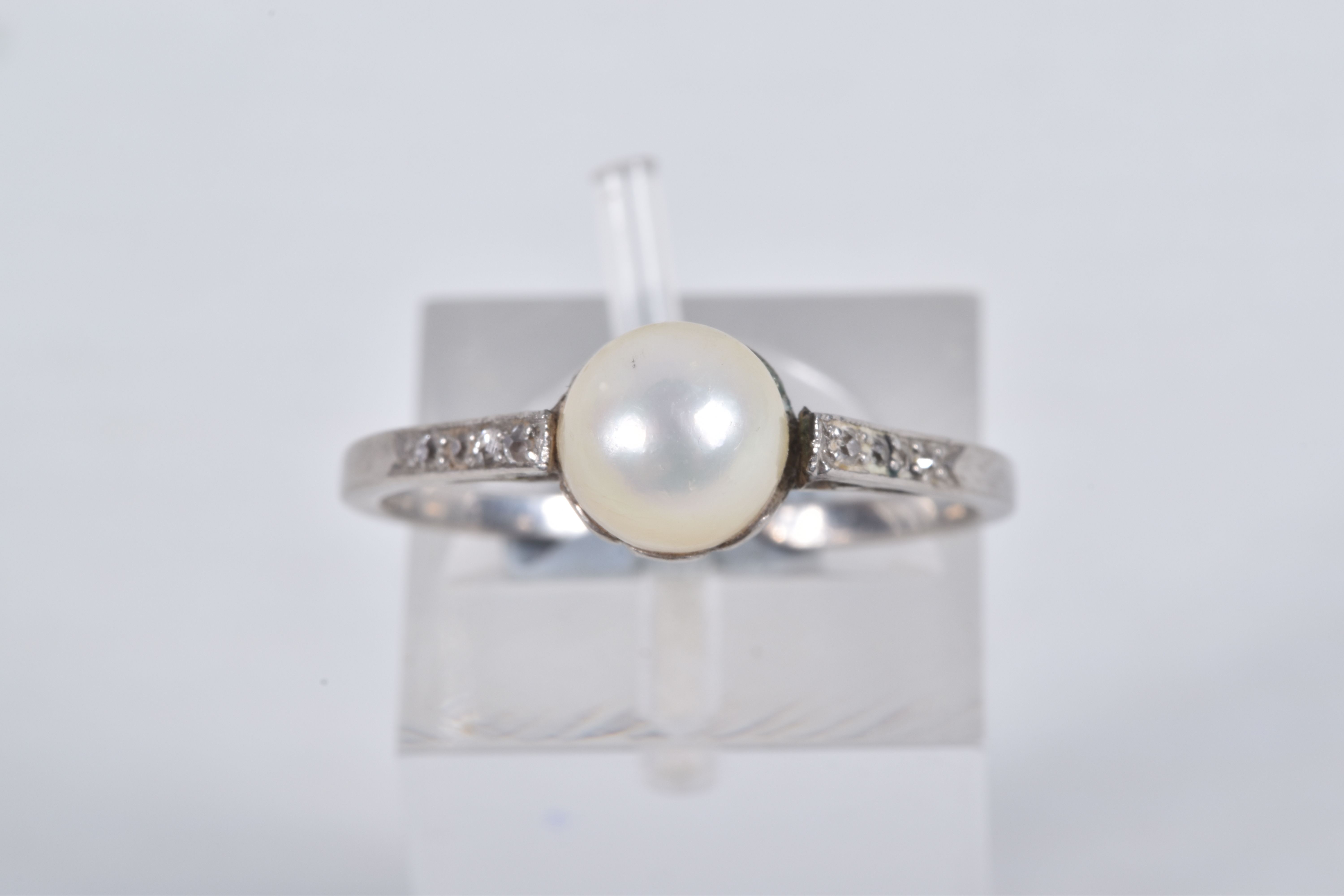 A CULTURED PEARL AND DIAMOND RING, set with a cultured pearl, measuring approximately 6.7mm, to - Image 2 of 3