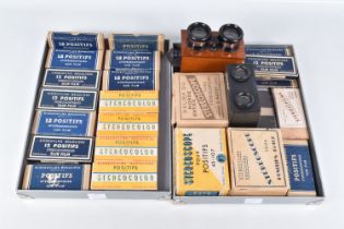 TWO BOXES OF FRENCH POSITIFS STEREOSCOPIC VIEWERS AND VIEWS, including an early 20th century