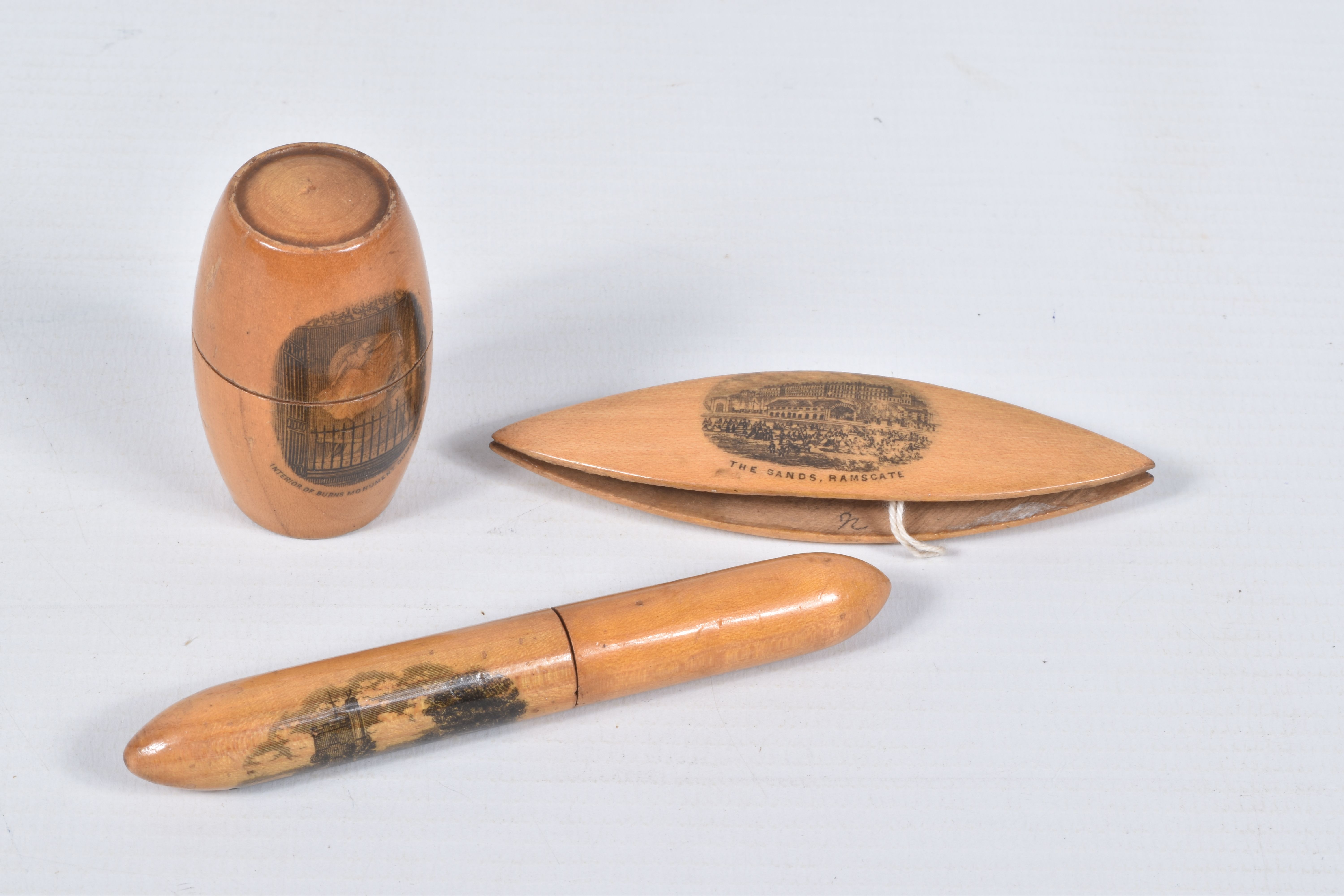 THREE MAUCHLIN WARE SEWING ITEMS, to include a thimble holder with silver thimble hallmarked '