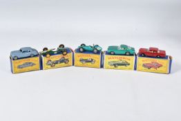 FIVE BOXED MATCHBOX SERIES CAR MODELS, Aston-Martin DBR5 Racing Car, No.19, grey driver RN19,