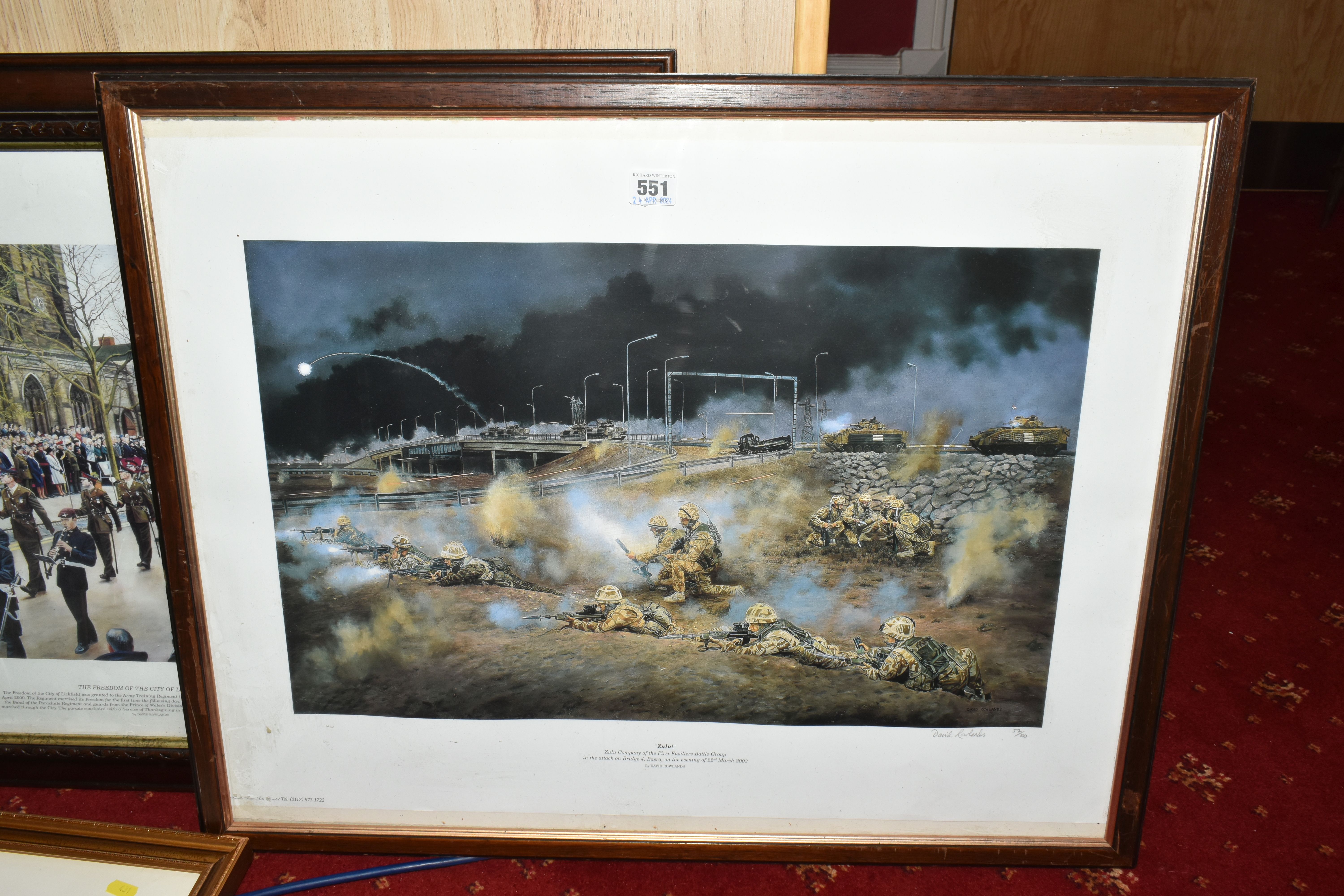 FIVE FRAMED MILITARY PRINTS BY DAVID ROWLANDS, to include a limited edition Zulu! print, numbered 52 - Image 2 of 13