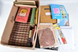A BOX OF BOOKS AND STAMPS IN ALBUMS AND LOOSE, the books to include a set of twenty ‘John O’