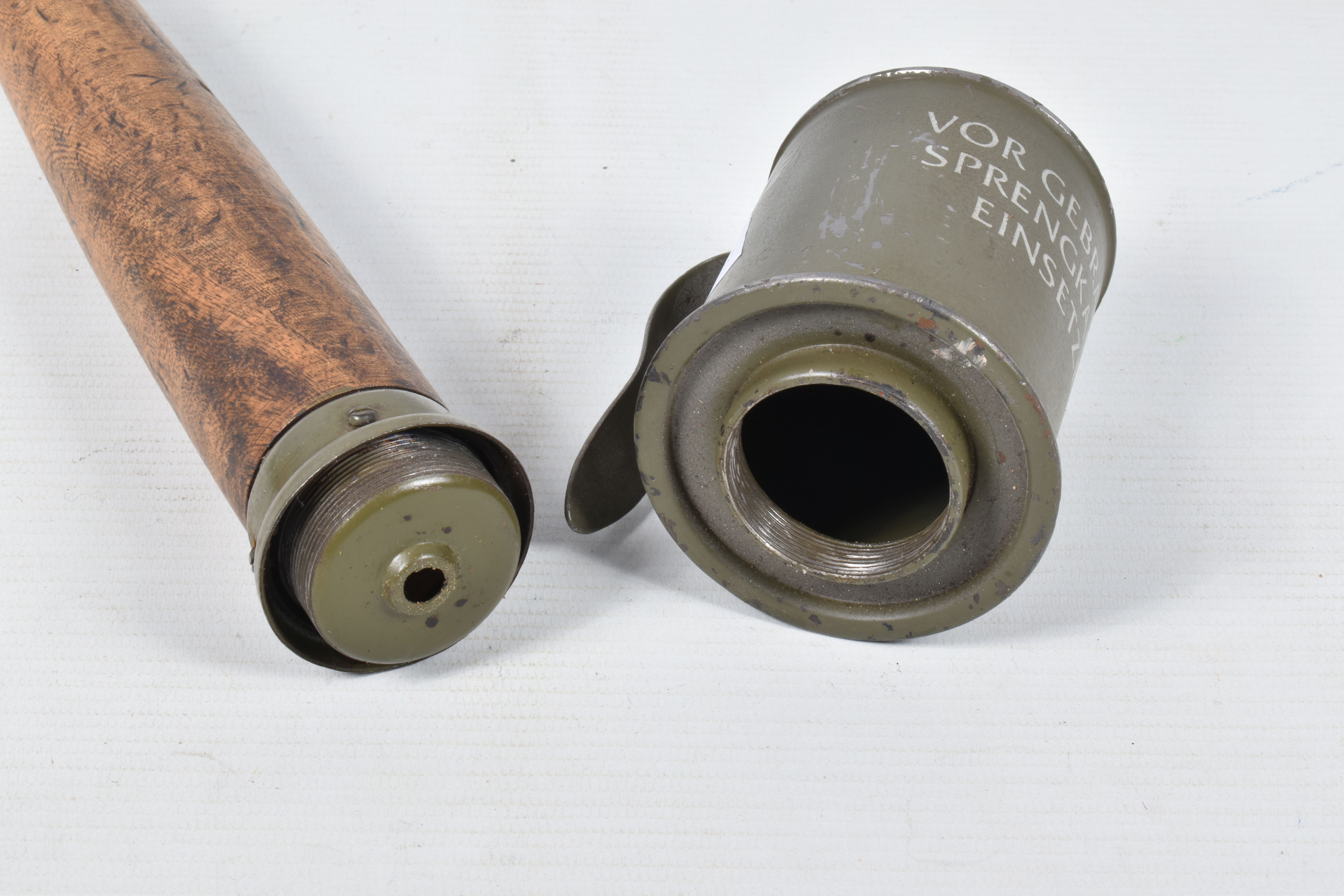 THREE INERT GERMAN STYLE STICK GRENADES, all three have wooden handles, the first has the words - Image 13 of 20