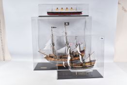 THREE CONSTRUCTED REVELL PLASTIC KITS OF BRITISH SHIPS ALL HOUSED IN PERSPEX DISPLAY CASES, '