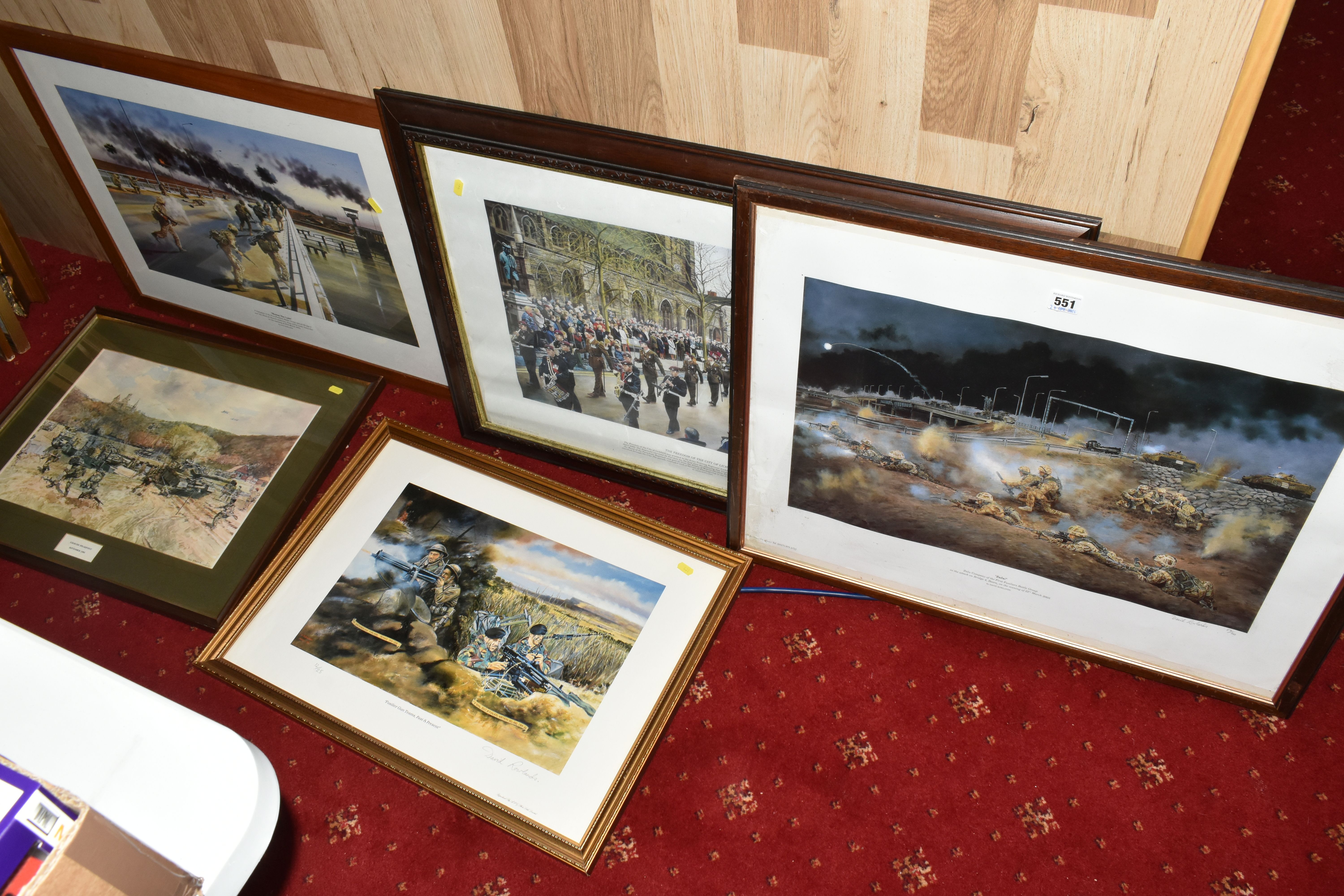 FIVE FRAMED MILITARY PRINTS BY DAVID ROWLANDS, to include a limited edition Zulu! print, numbered 52