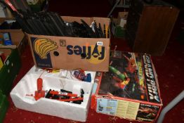 A SELECTION OF SCALEXTRIC TRACK, BOX AND ACCESSORIES, empty box for a 1980s Grand Prix C813, three