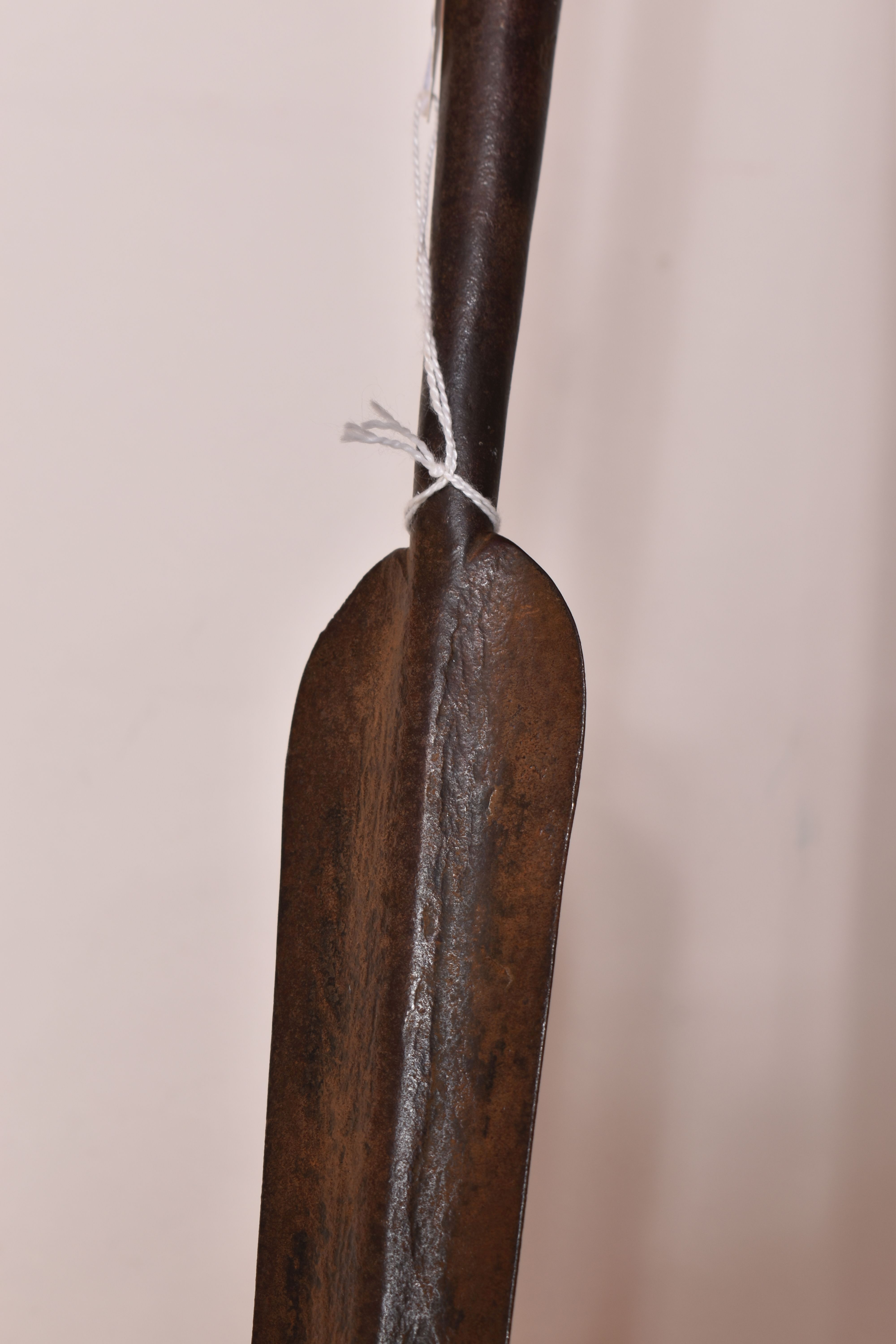 THREE TRIBAL HUNTING SPEARS, the first features a wooden shaft and a grooved arrow shaped steel tip, - Image 6 of 9