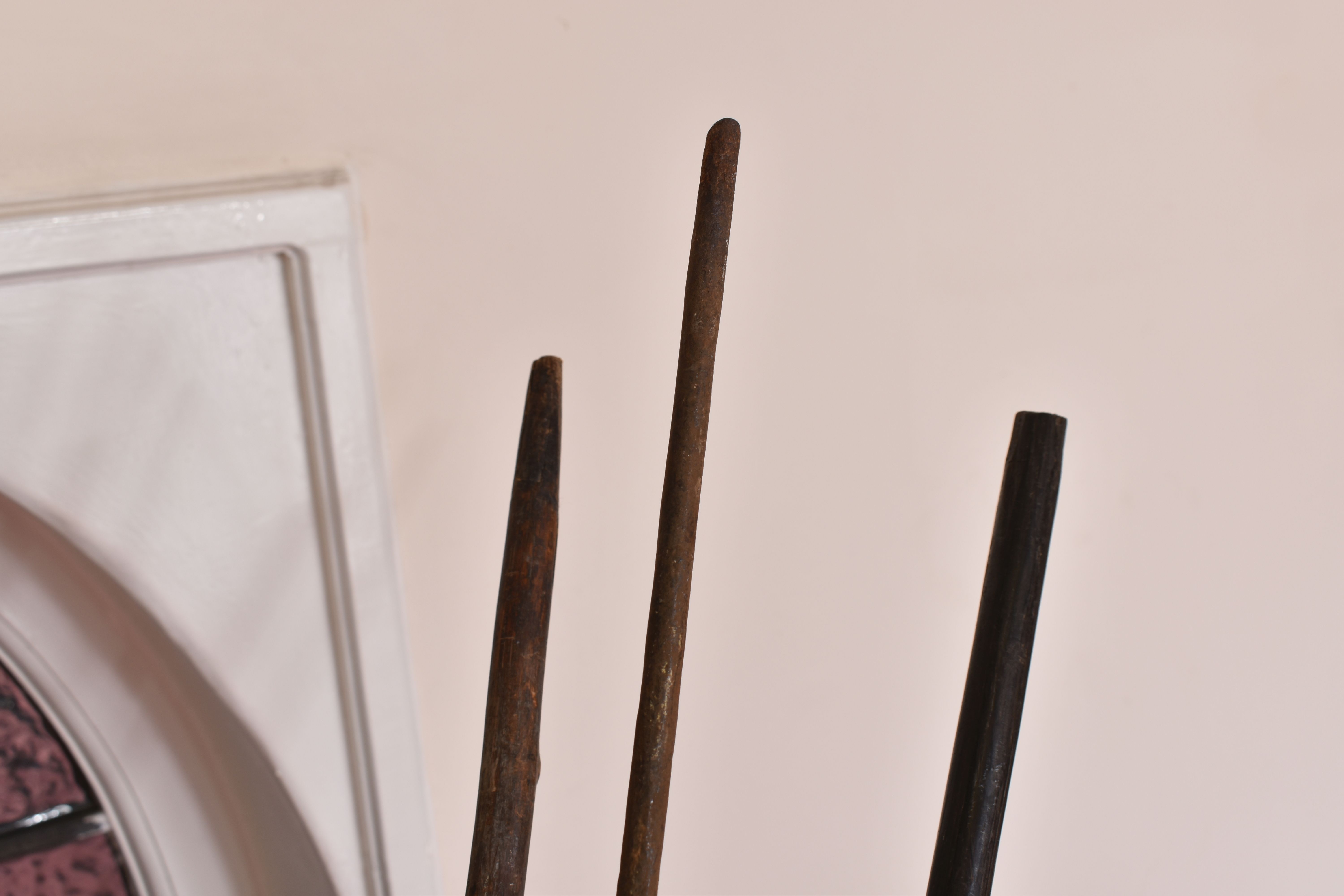 THREE TRIBAL HUNTING SPEARS, the first features a wooden shaft and a grooved arrow shaped steel tip, - Image 9 of 9