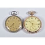 TWO POCKET WATCHES, to include a manual wind, open face pocket watch, bi-colour plated case, dial
