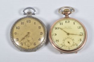 TWO POCKET WATCHES, to include a manual wind, open face pocket watch, bi-colour plated case, dial