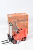 A BOXED VICTORY INDUSTRIES PLASTIC BATTERY OPERATED CONVEYANCER FORK LIFT TRUCK MODEL, 1/14 scale,