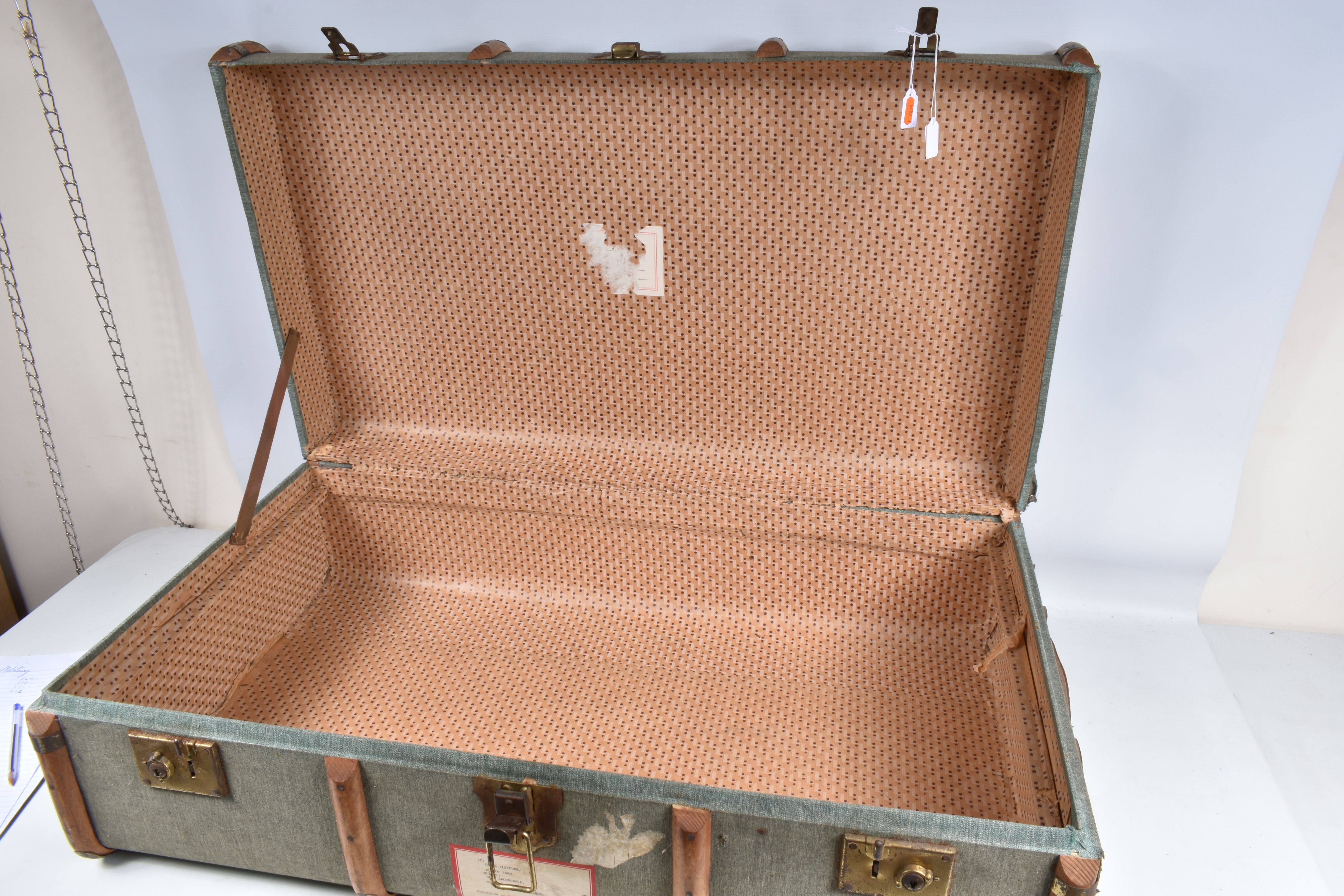 TWO VINTAGE SUITCASES AND A TRAVELLING TRUNK, the trunk was sent to a Dr Fletcher in - Image 9 of 11