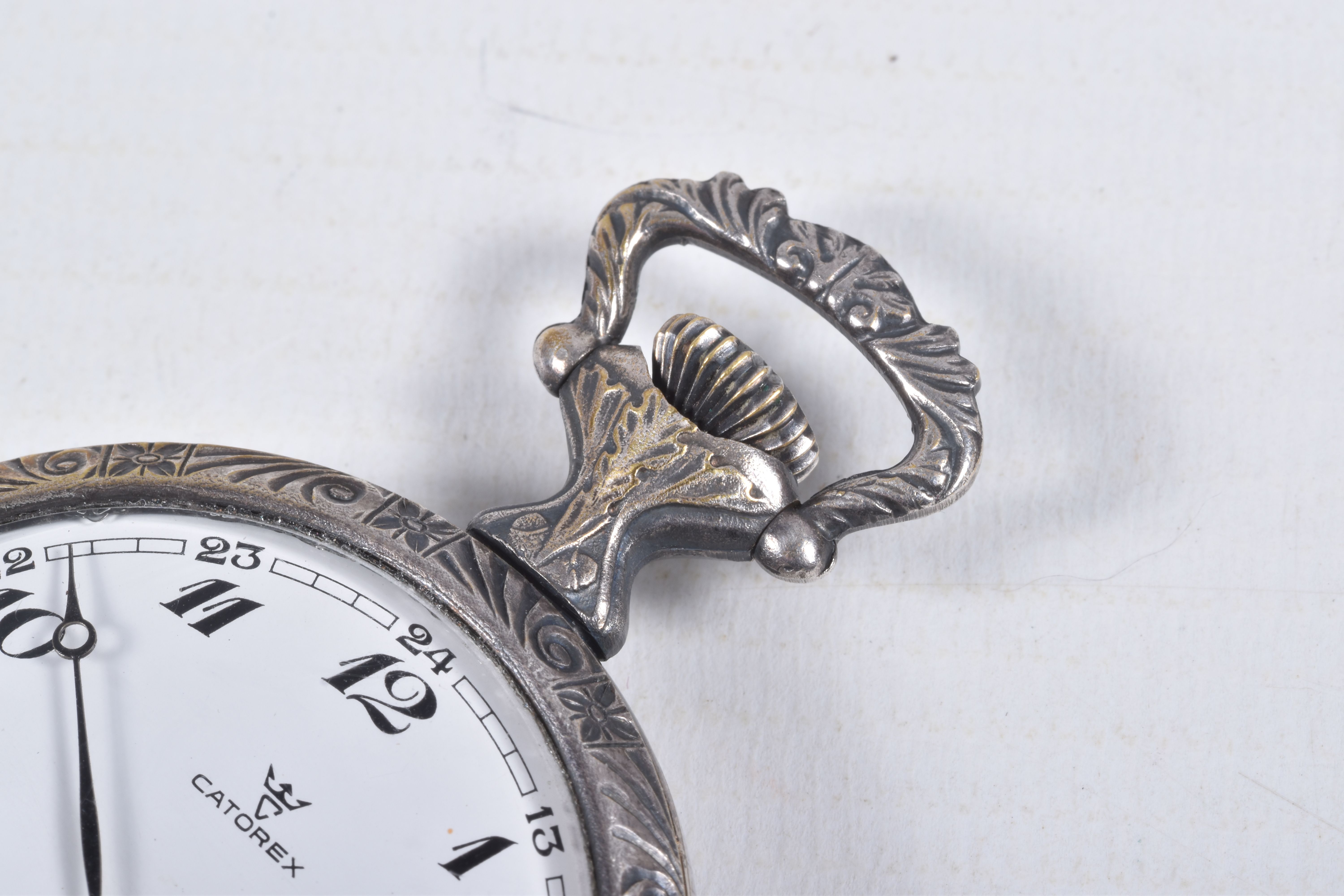 A WHITE METAL 'CATOREX' OPEN FACE POCKET WATCH, manual wind, round white dial signed 'Catorex', - Image 4 of 5