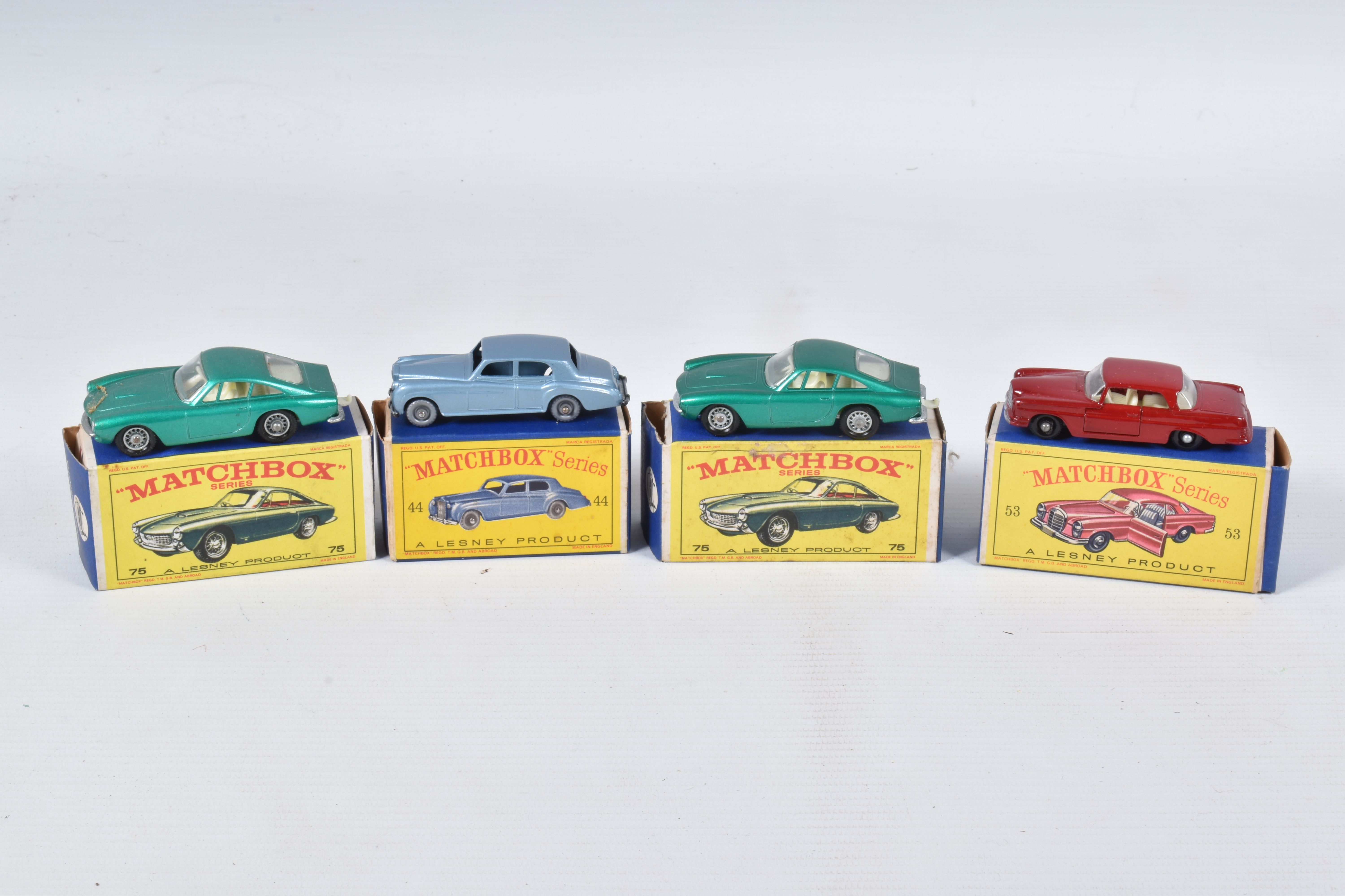 FOUR BOXED MATCHBOX SERIES CAR MODELS, Rolls-Royce Silver Cloud, No.44, silver plastic wheels,