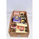 A BOX CONTAINING A COLLECTION OF BOXED AND UNBOXED DIECAST MODEL VEHICLES, to include a selection of