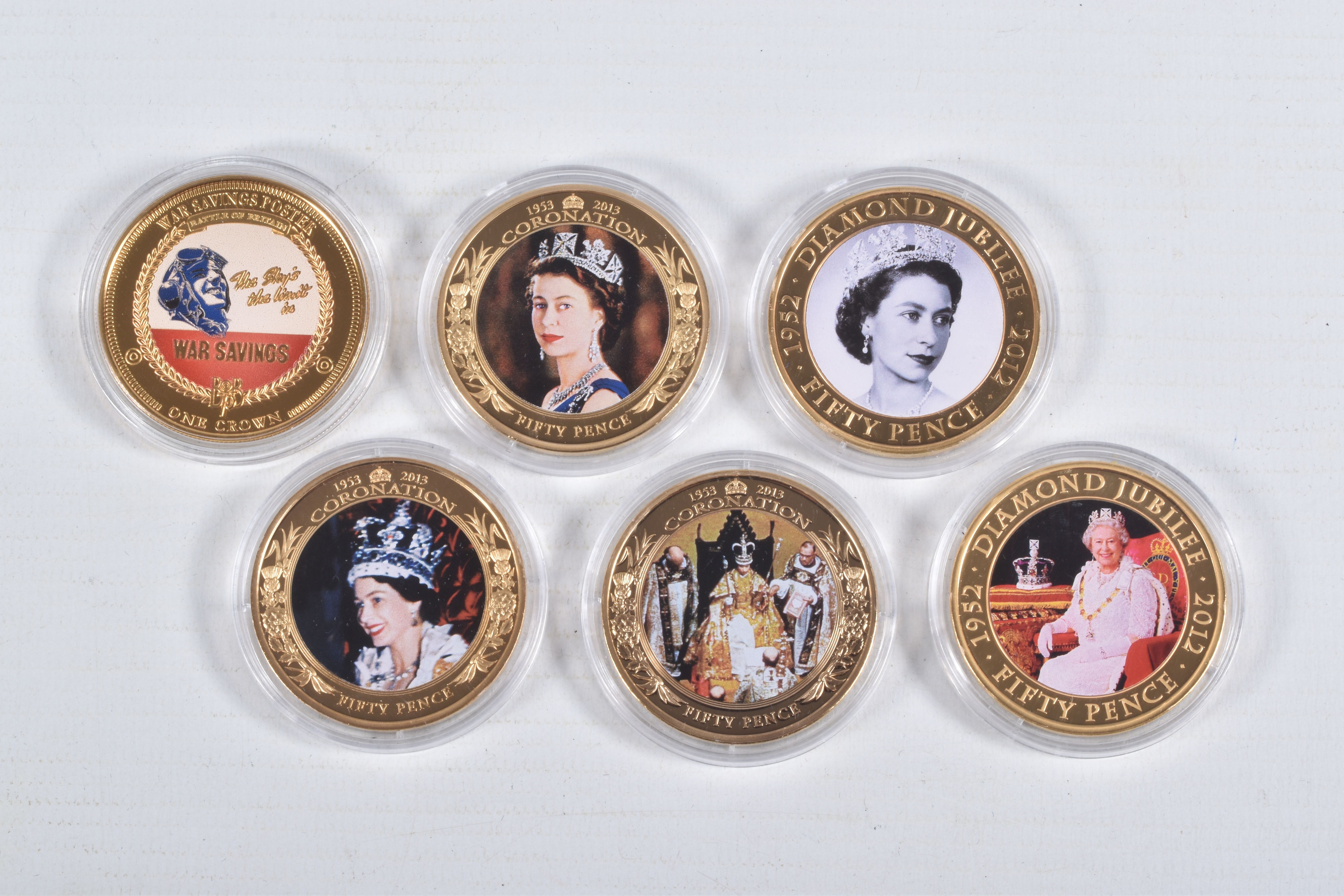 A PACKET CONTAINING SIX QUEEN ELIZABETH II 2011-13 GOLD LAYERED AND PICTORIAL COINS, Jersey,