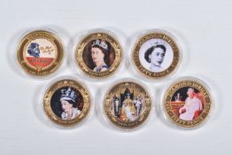 A PACKET CONTAINING SIX QUEEN ELIZABETH II 2011-13 GOLD LAYERED AND PICTORIAL COINS, Jersey,