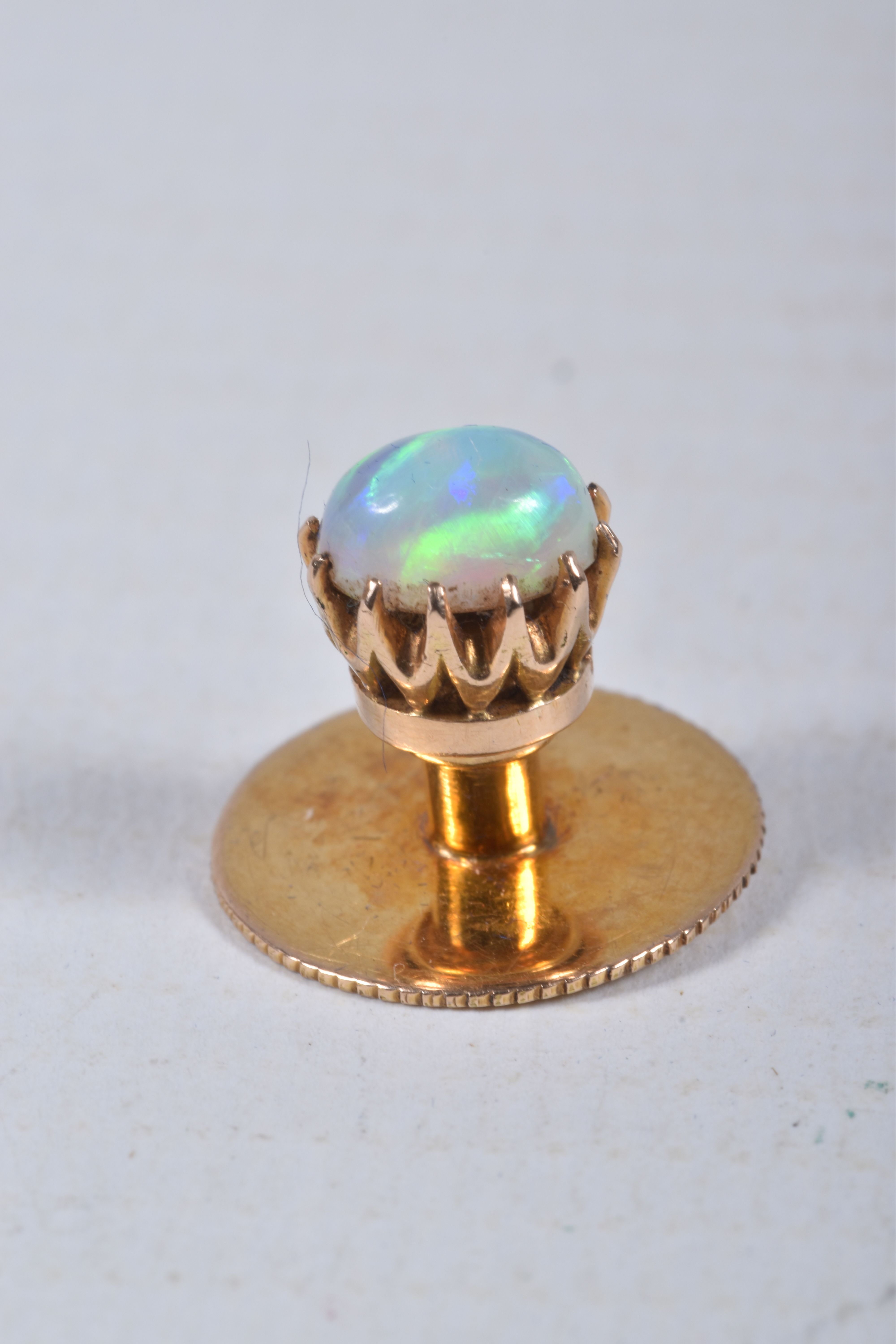 A VICTORIAN 18CT GOLD OPAL STICK PIN/DRESS STUD, oval opal cabochon in a claw setting, removeable, - Image 3 of 9
