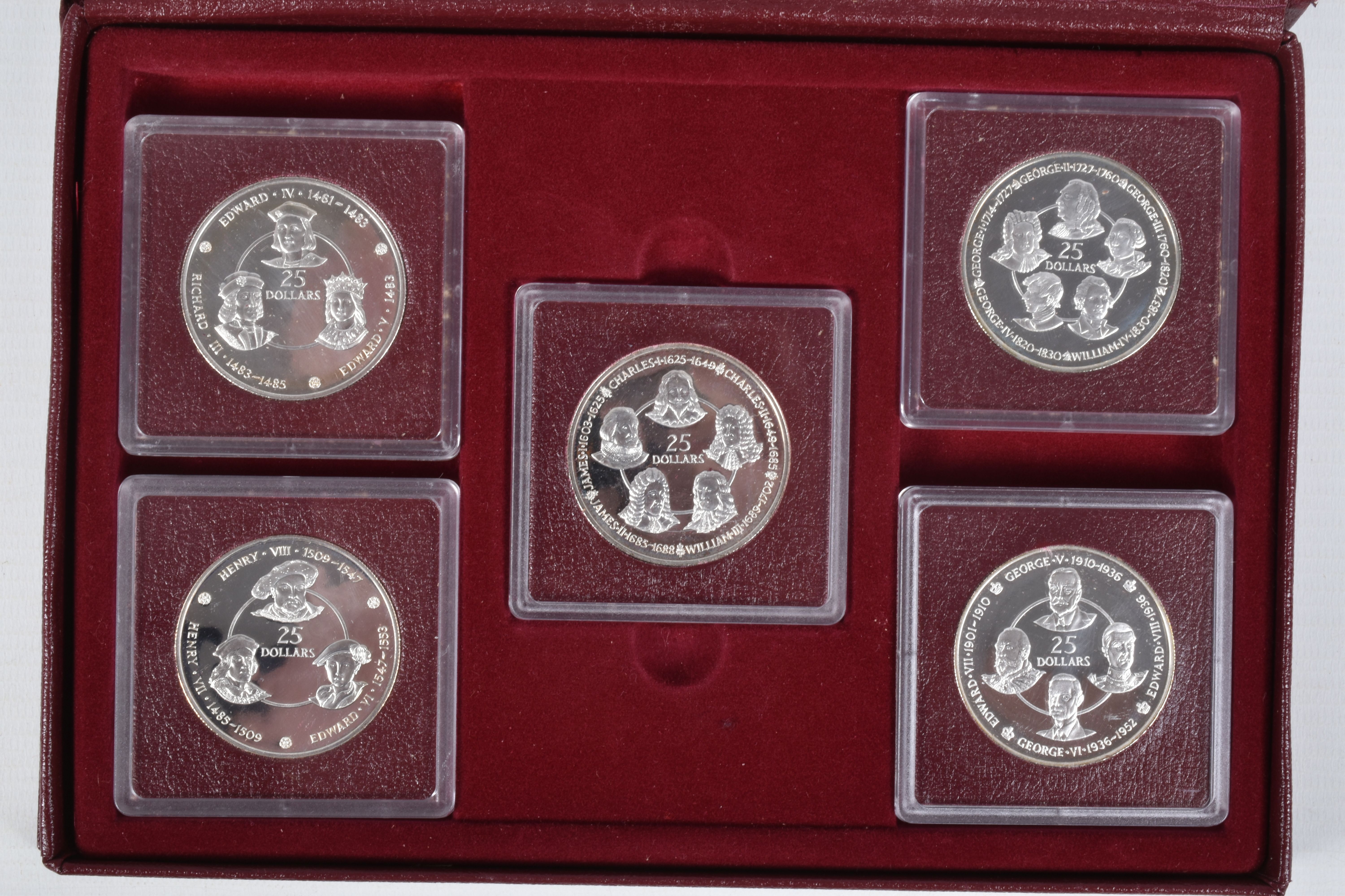 A KINGS OF ENGLAND COLLECTION 1980, TWO BOOKS OF FIVE X CAYMEN ISLANDS PROOF $25 COINS, with - Image 6 of 9