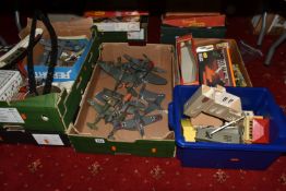 SIX BOXES OF MODEL AIRCRAFTS, VEHICLES AND BUILDINGS, to include a selection of model aircrafts,